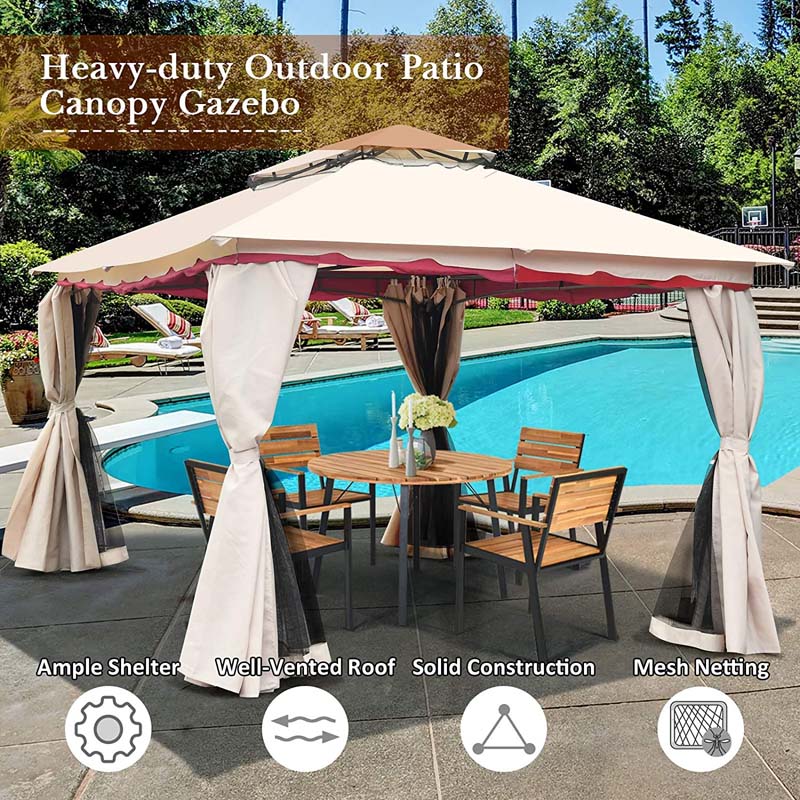 13 x 10 FT Patio Metal Gazebo with Netting & Sidewalls, 2 Tier Roof Large Outdoor Canopy Gazebo Tent