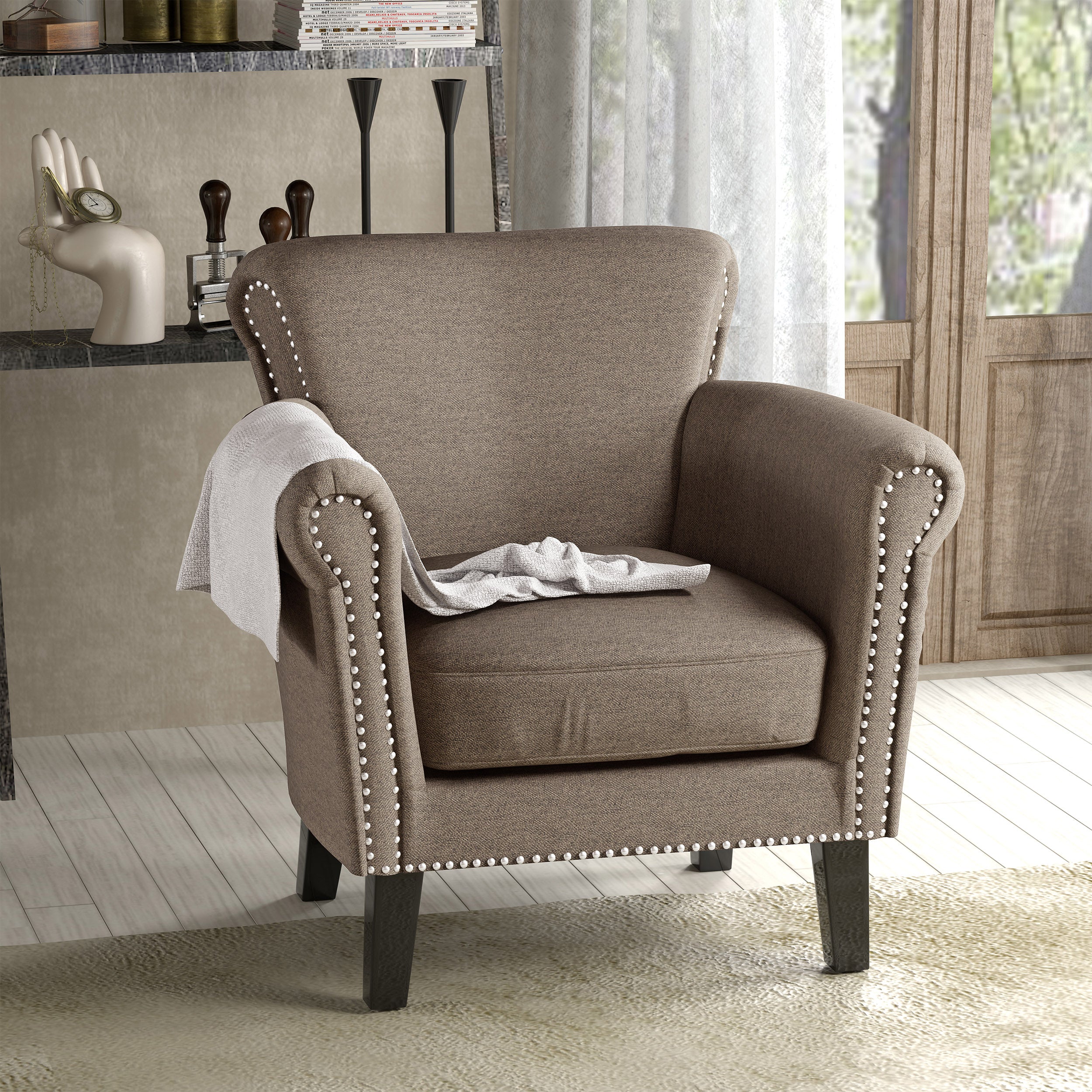 Brice Contemporary Scroll Arm Club Chair with Nailhead Trim