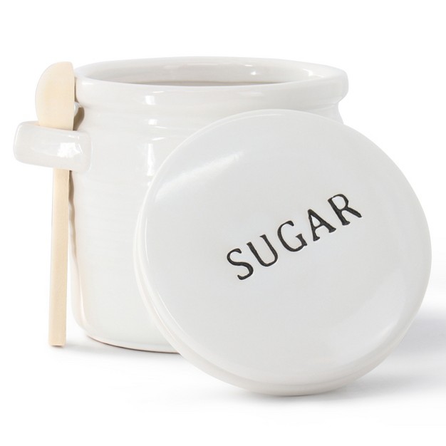 Meritage Neat 5 5 Inch Round Stoneware Sugar Canister In White With Wooden Spoon