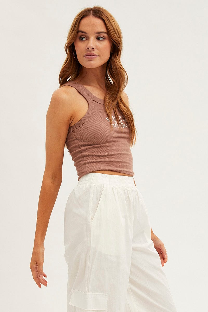 Brown Nashville Embroidered Crop Singlet Top