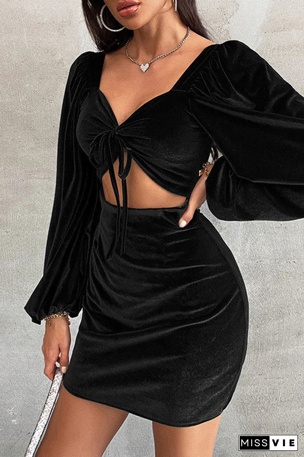 Black Puffy Sleeves Hollow Out Ruched Bodycon Velvet Dress