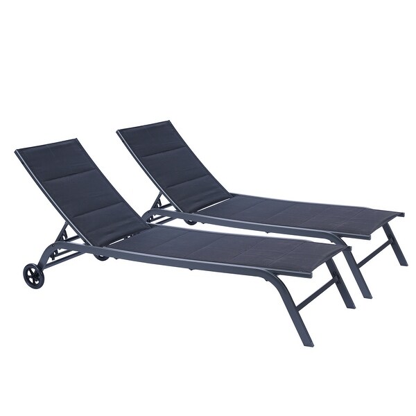 2-Piece Patio Chaise Lounge Set 5-Position Adjustable on Wheels Black