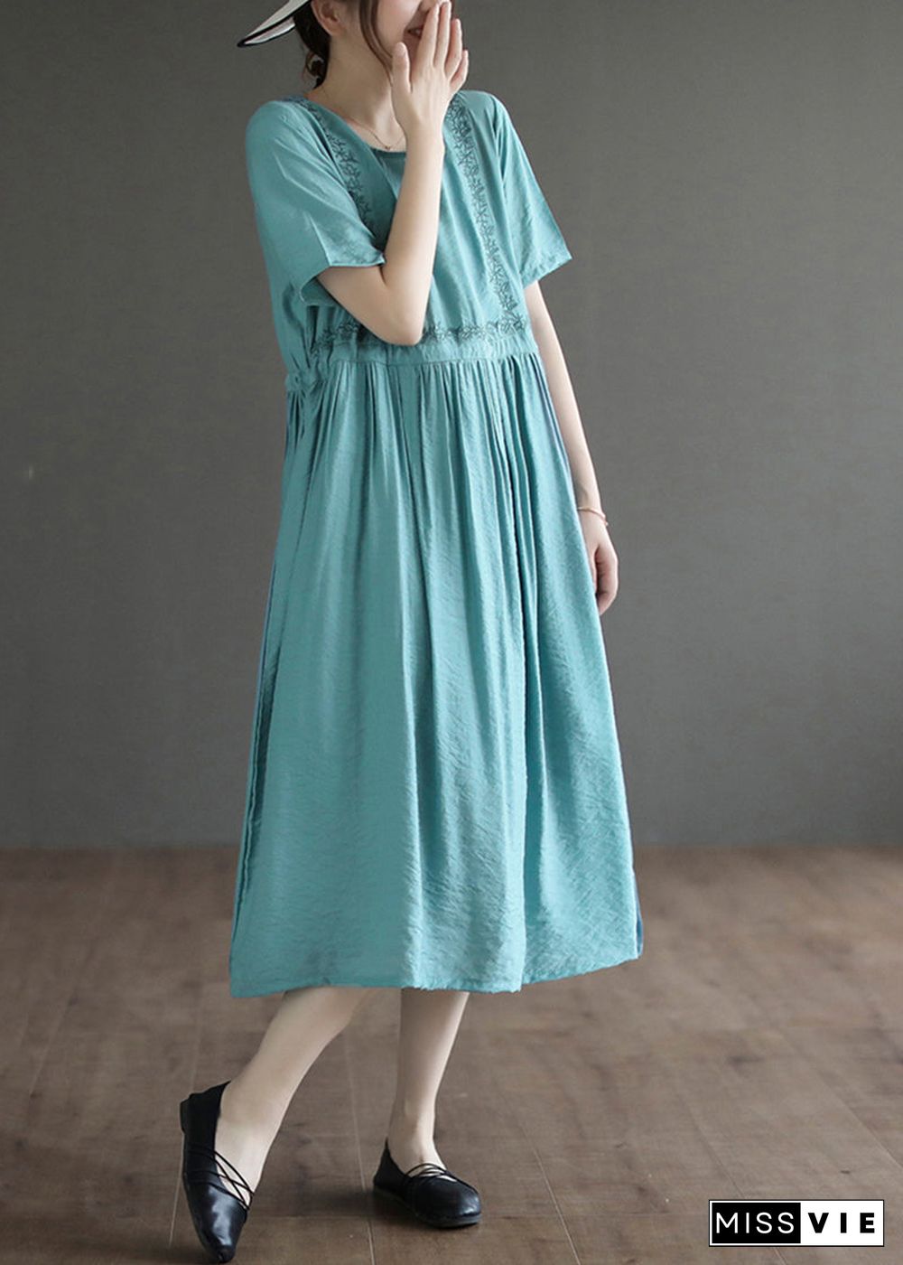 Lake Blue Cotton Maxi Dress Embroideried Summer