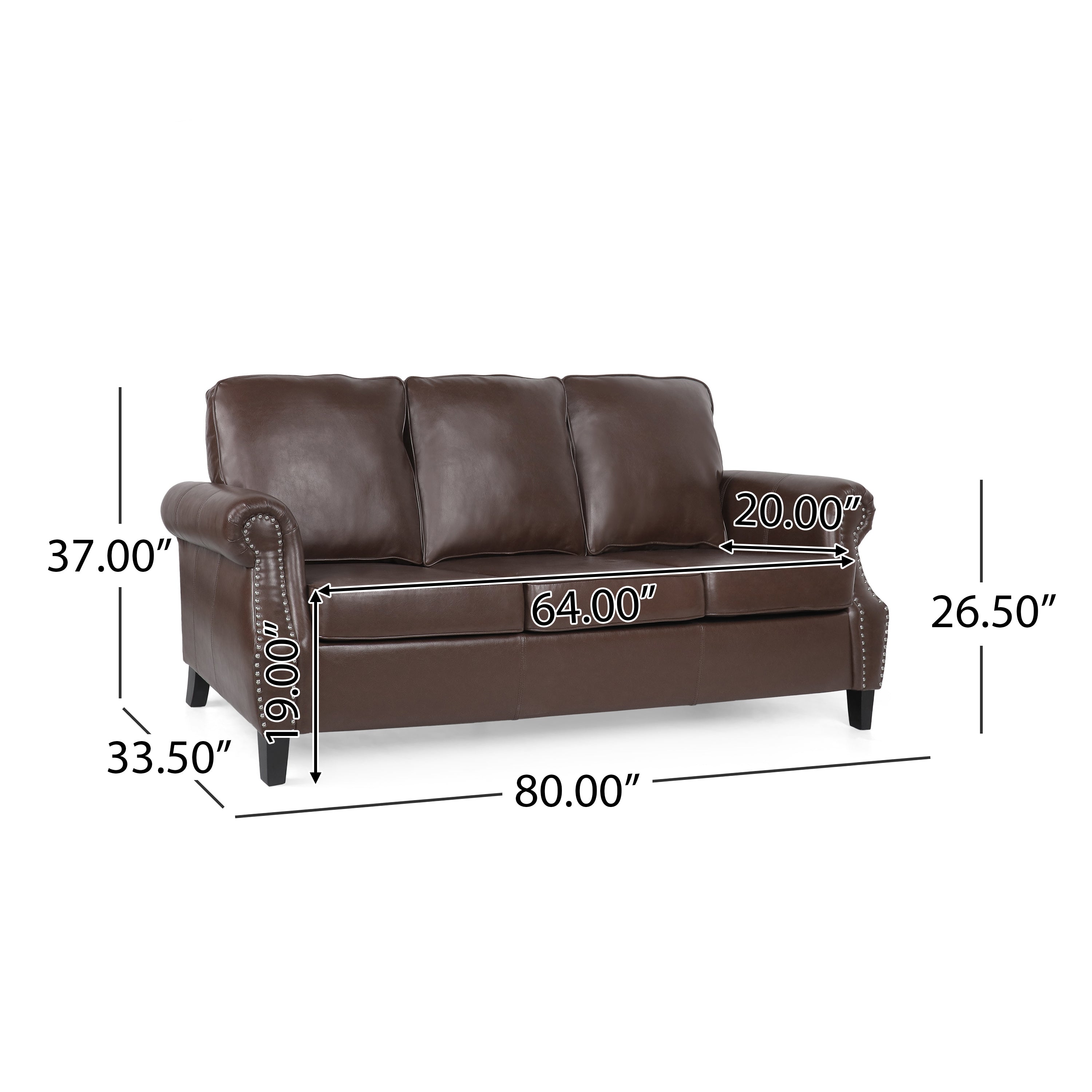 Burkehaven Contemporary Faux Leather 3 Seater Sofa with Nailhead Trim