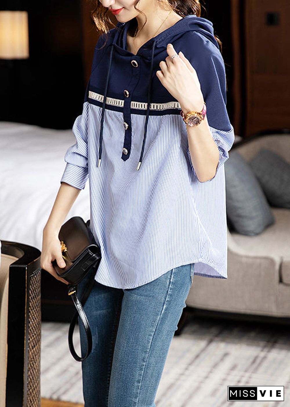 Style Striped Hooded Patchwork Cotton Shirt Long Sleeve