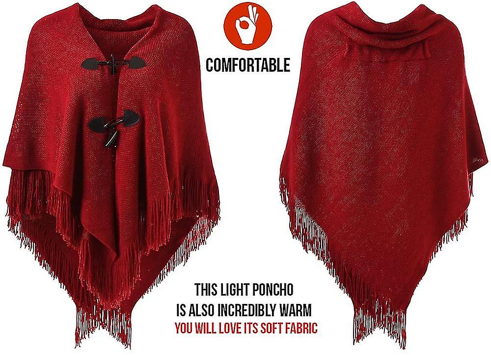 Womens Loose Fitting Cape Shawl With Stylish Horn Buttons. V Neckline