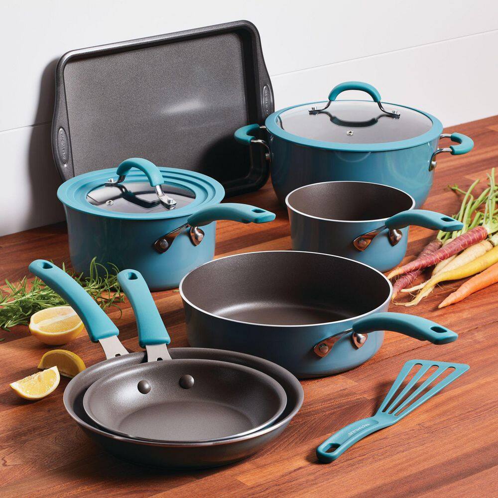 Rachael Ray Cook Plus Create 10-Piece Agave Blue Aluminum Nonstick Cookware Set with Lids 14748