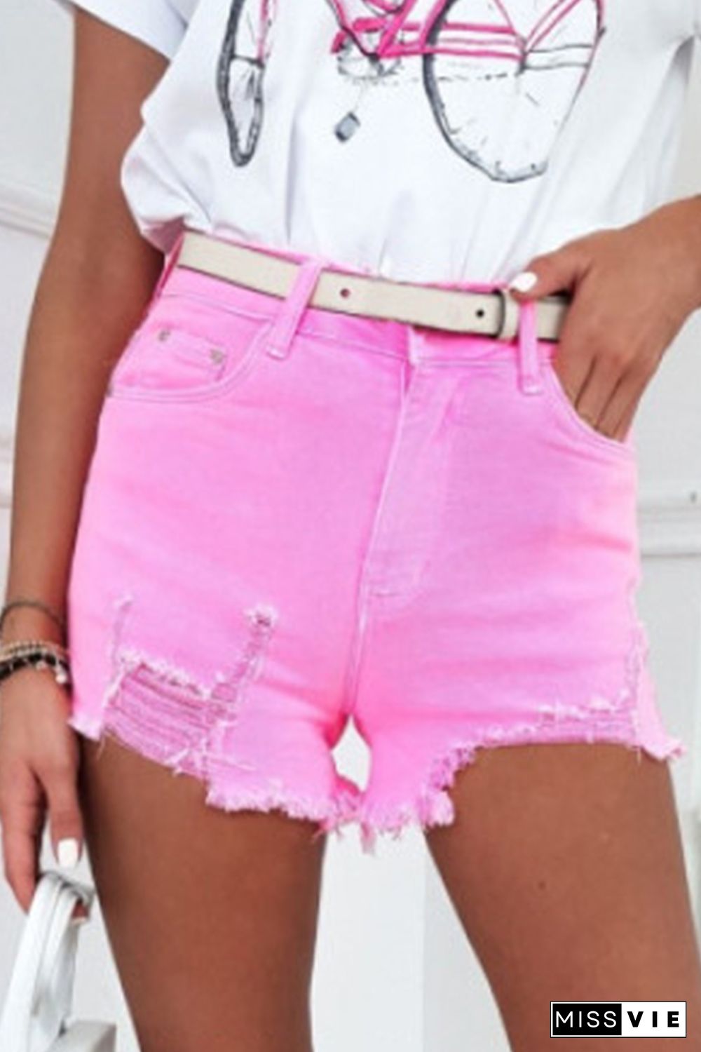 Rose Solid Color Distressed Denim Shorts