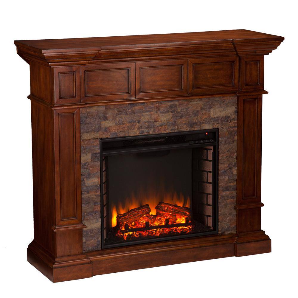 Southern Enterprises Amesbury 45.75 in. W Faux Stone Corner Electric Fireplace in Buckeye Oak HD90565