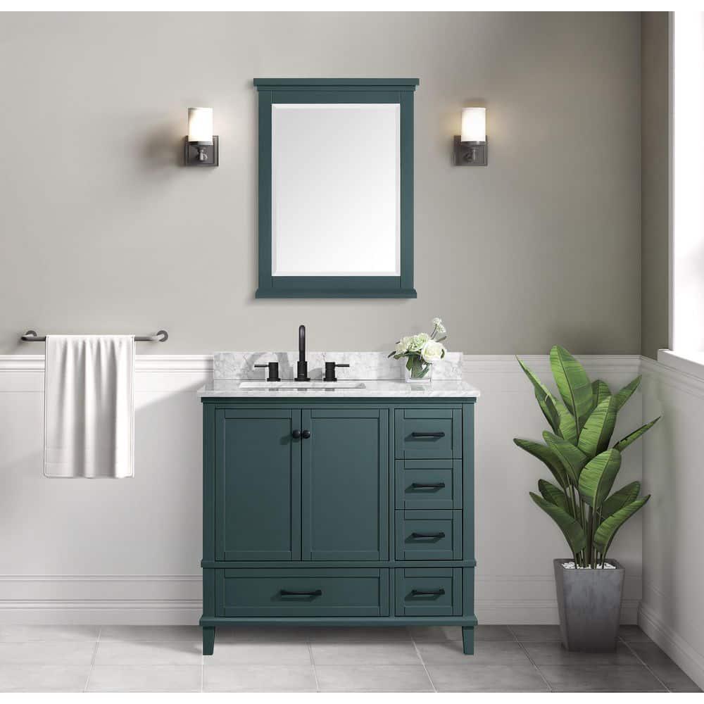 Home Decorators Collection Merryfield 37 in W x 22 in D x 35 in H Bathroom Vanity in Antigua Green with Carrara White Marble Top