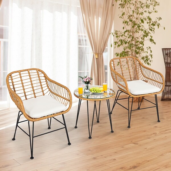 Costway 3PCS Patio Rattan Bistro Furniture Set Cushioned Chair Table