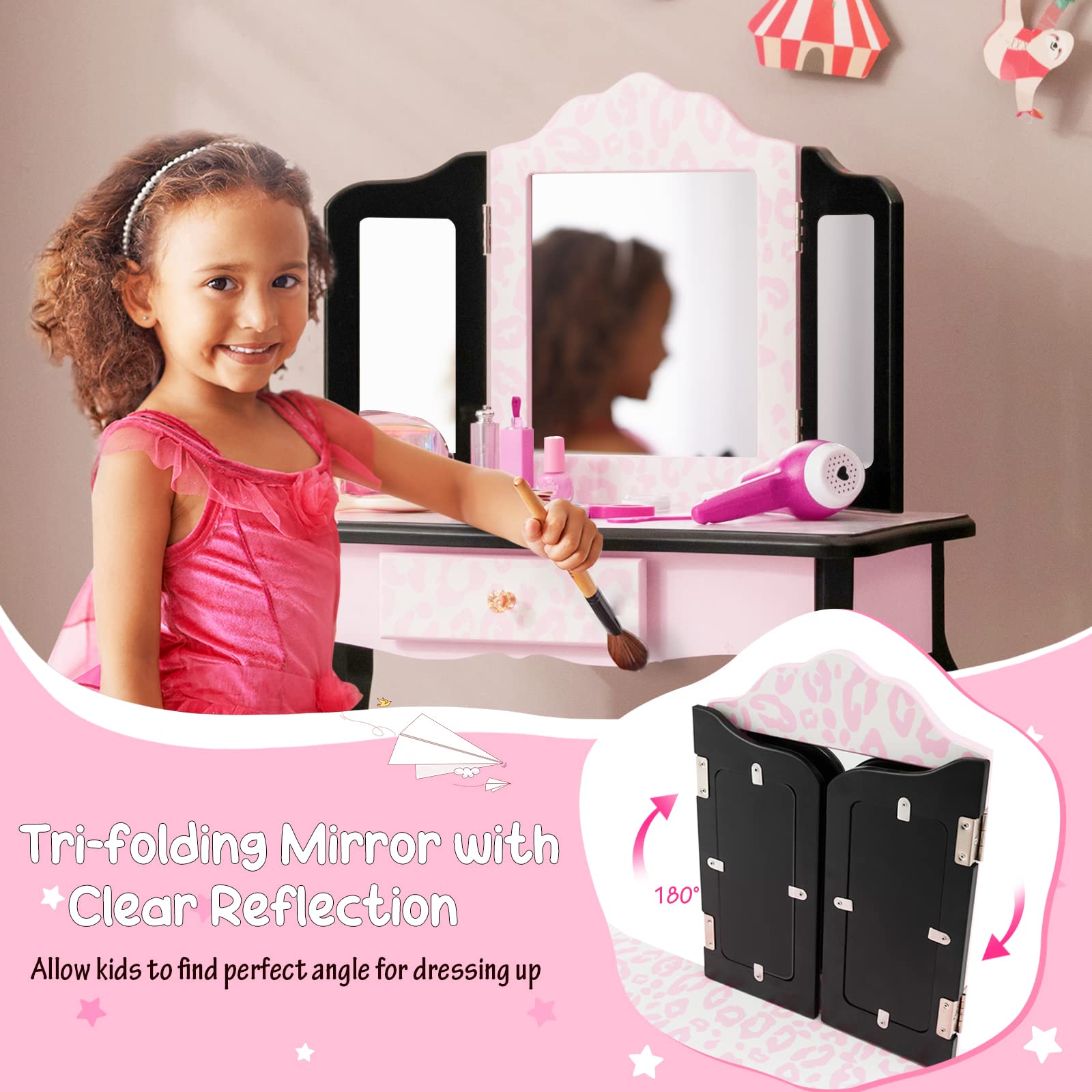 Costzon Kids Vanity Table and Chair Set, Girls Vanity Set with Mirror and Stool, Pretend Play Vanity Set for Little Girls