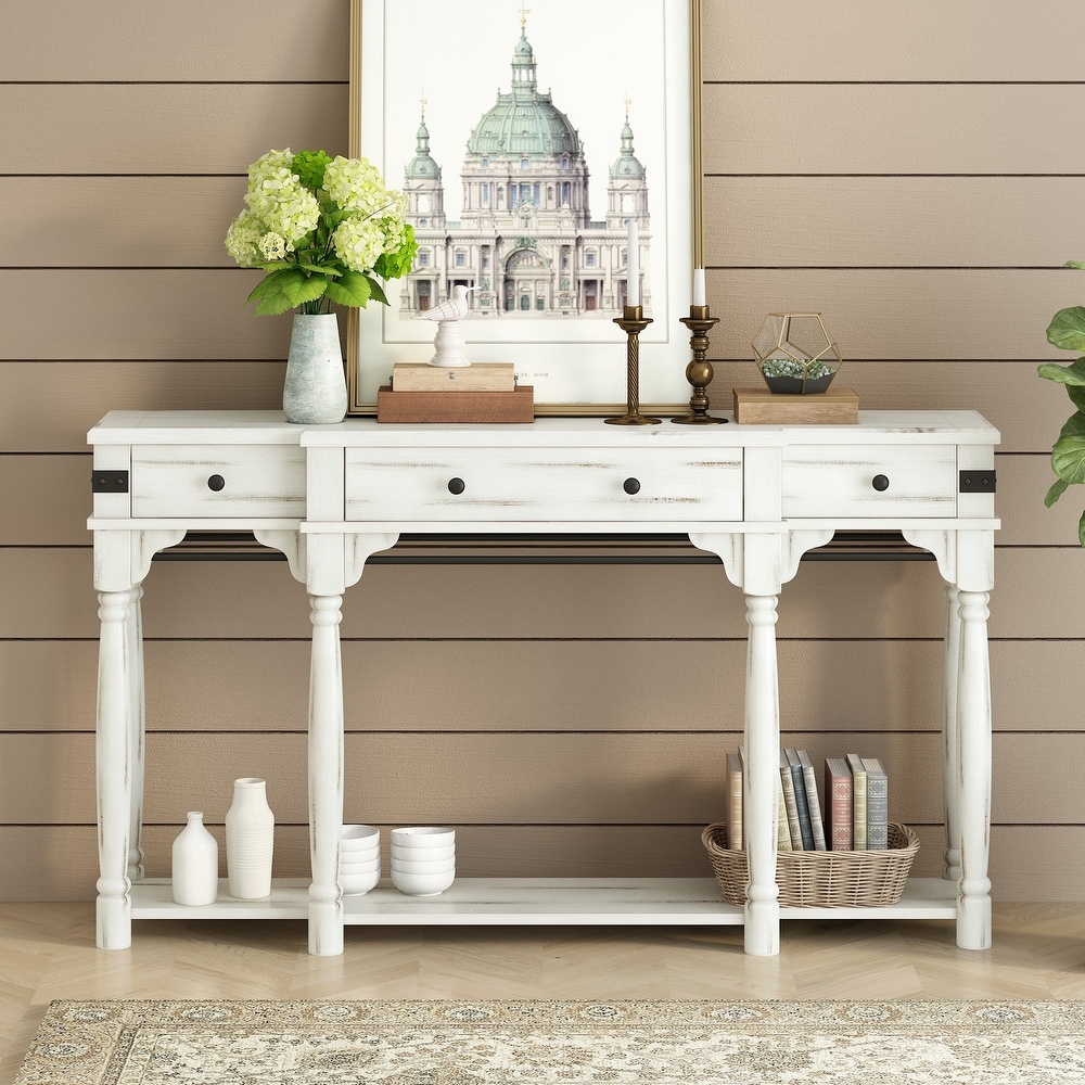 New Retro Style Console Table with 3 Storage Drawers and Bottom Shelf  Entryway Table Sofa Table for Hallway  Living Room