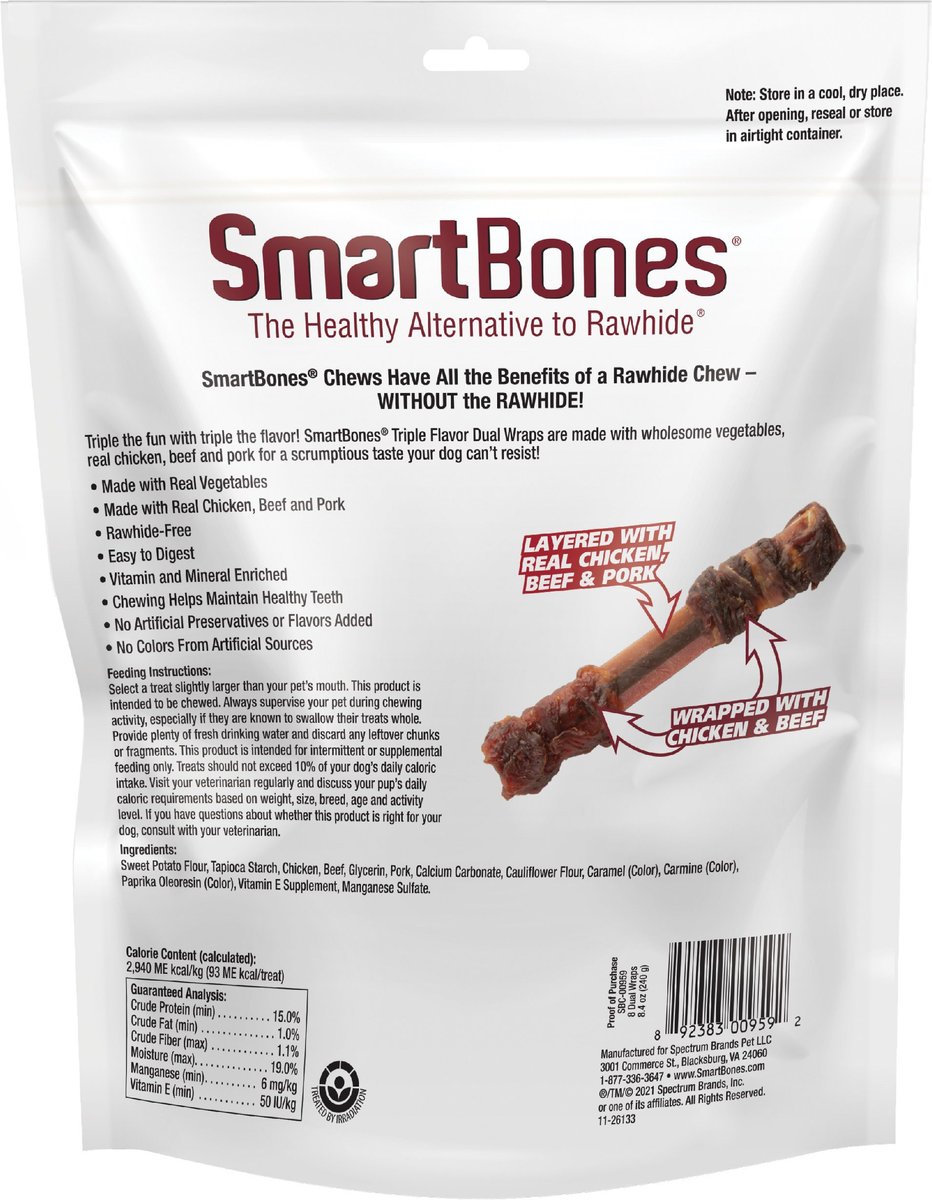 SmartBones Triple Flavor Dual Wraps Real Chicken， Beef and Pork Dog Treats， 8 count