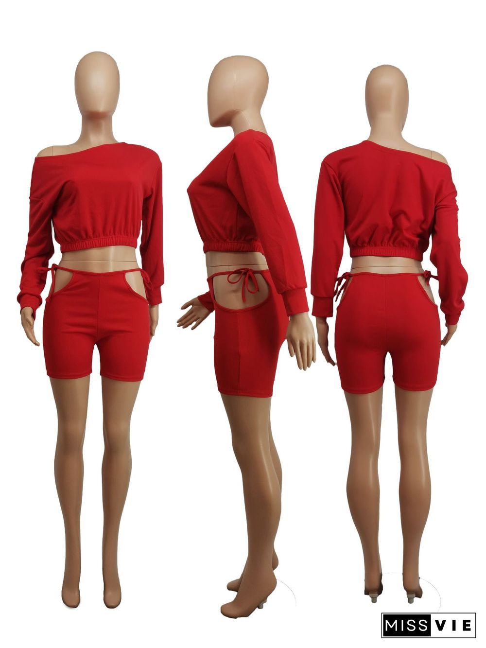 Solid Color Long Sleeve Crop Top Skinny Shorts 2 Piece Outfits