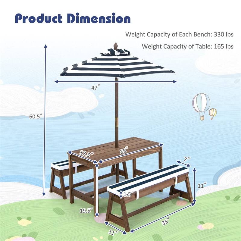 Wooden Kids Picnic Table Bench Set Children Outdoor Activity Table with Cushions & Height Adjustable Umbrella