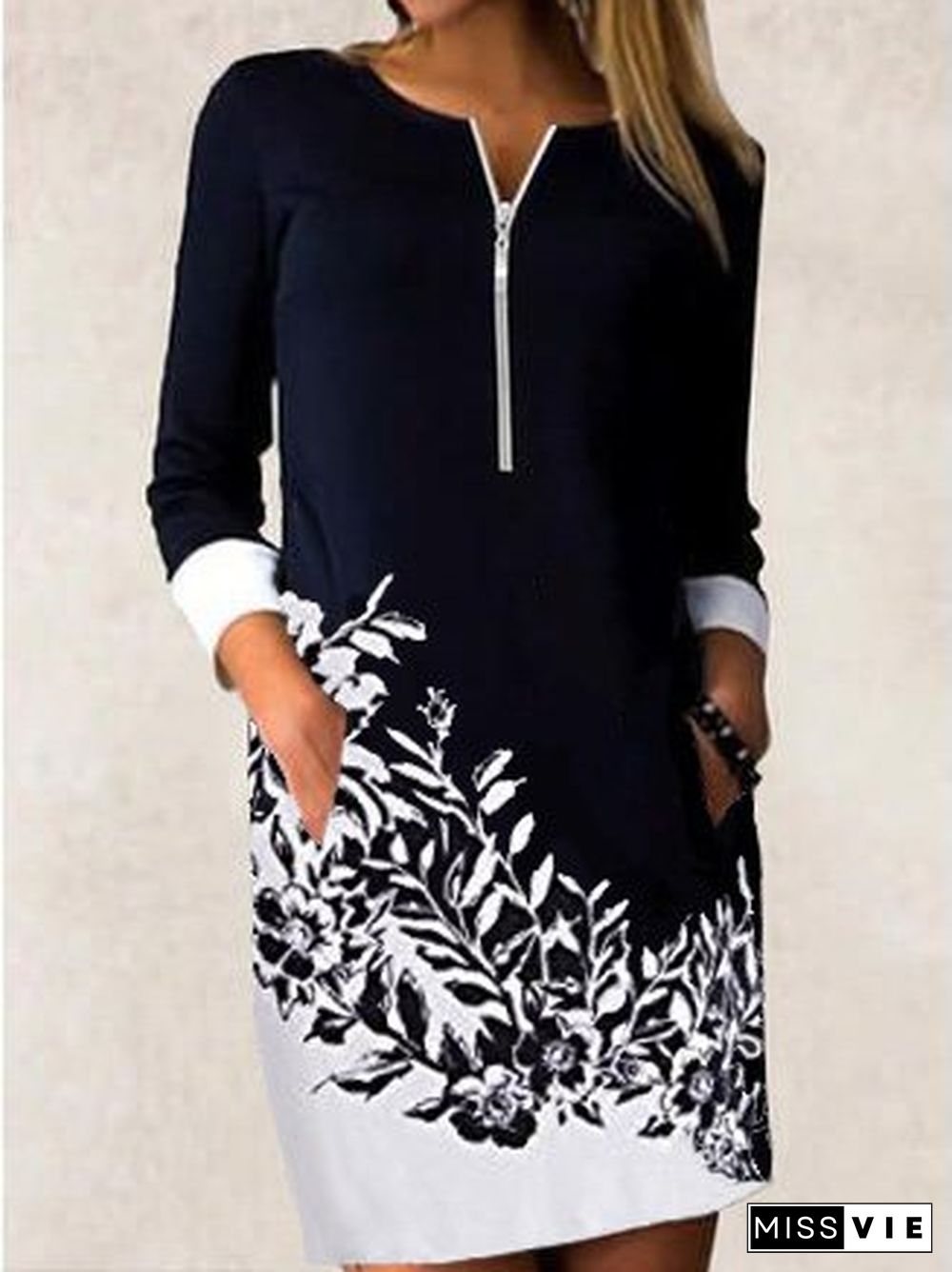 Zipper collar patchwork print long sleeve dress