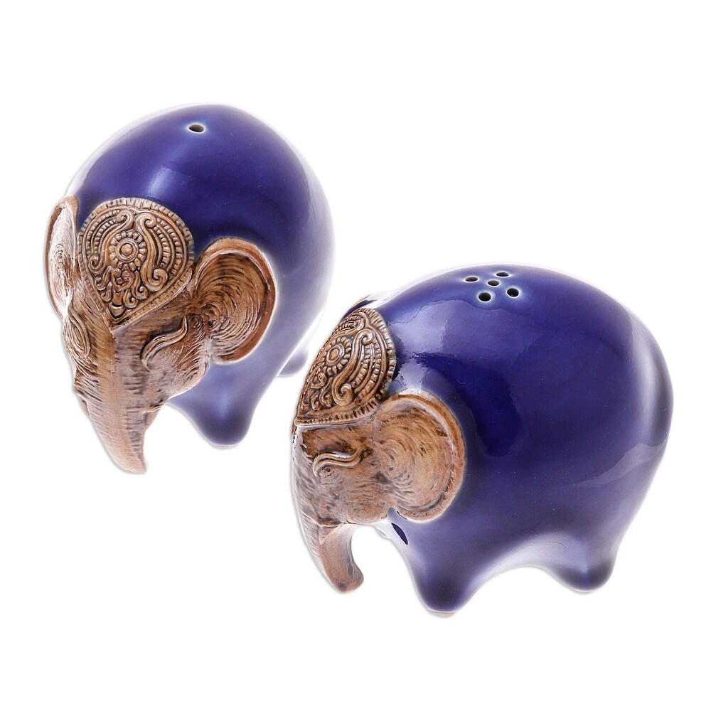 Novica Handmade Round Elephants In Blue Ceramic Salt And Pepper Shakers (Pair)