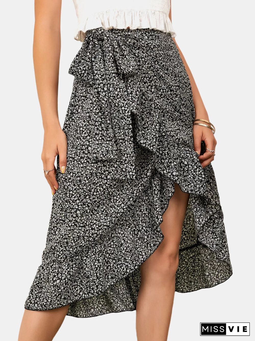 Floral Print Ruffle Tie Irregular Skirt For Women