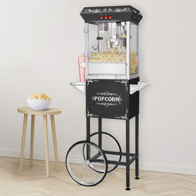 Great Northern Popcorn 8 Oz Popcorn Machine Stainless Steel Kettle Heated Warming Deck Old Maids Drawer And Cart Black