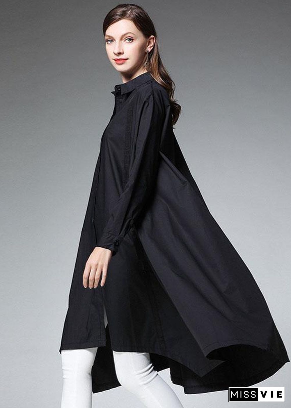 Plus Size Black Pockets Asymmetrical Design Fall Cotton Long Shirts Long sleeve