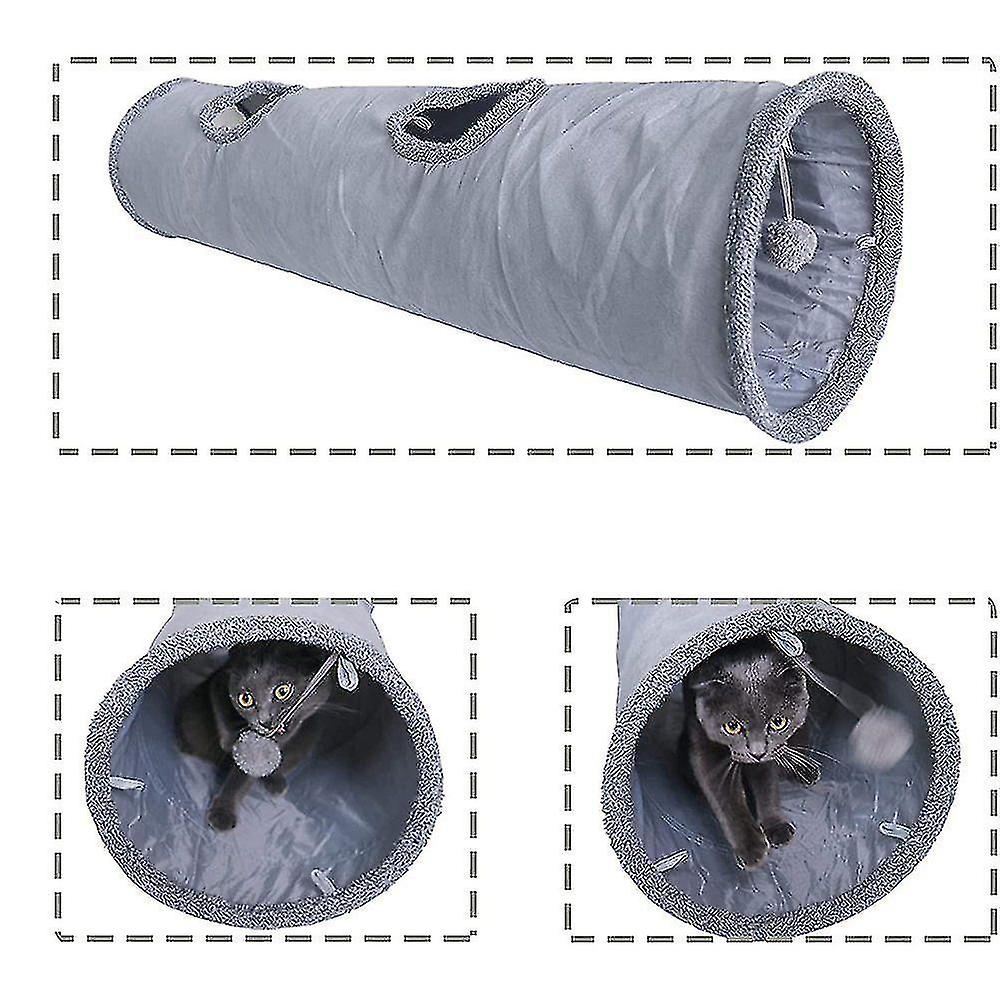 Cat Tunnel Foldable Cat Toy Crinkle Tunnel For All Cats And Small Animals 2 Caves Gray Suede 130 X 3