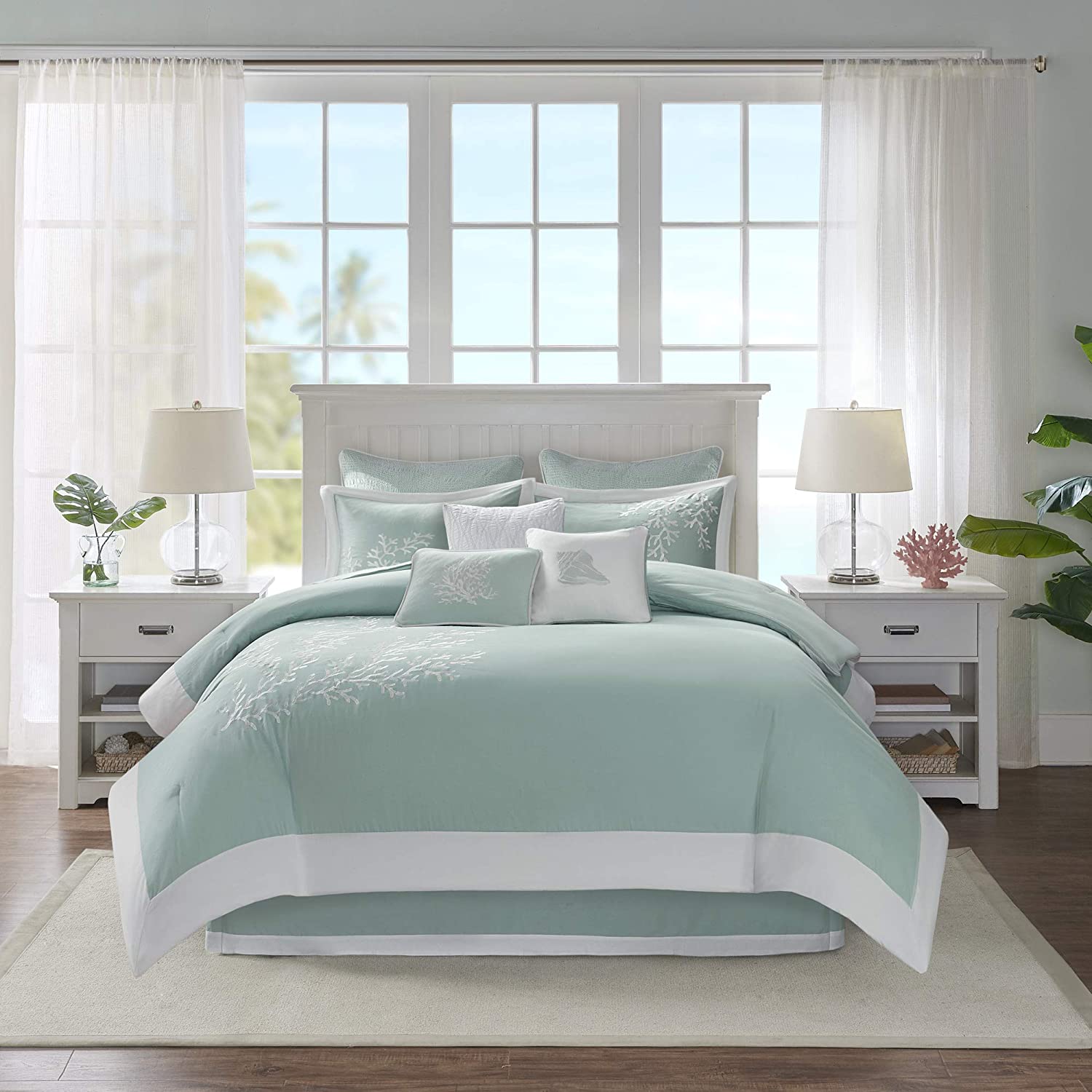 BBNBDMZ Cotton Comforter Set - Coastal Oceanic Sealife Design  All Season Down Alternative Bedding with Matching Shams  Bedskirt  King(110&#34;x96&#34;)  Coastline  Coral Aqua  4 Piece