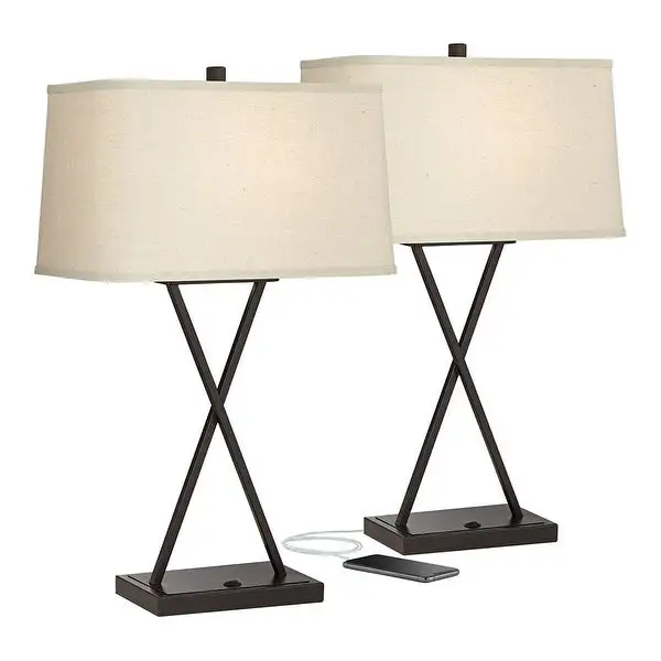 Set of 2 Modern Table Lamps with USB LED Bronze Metal - 16