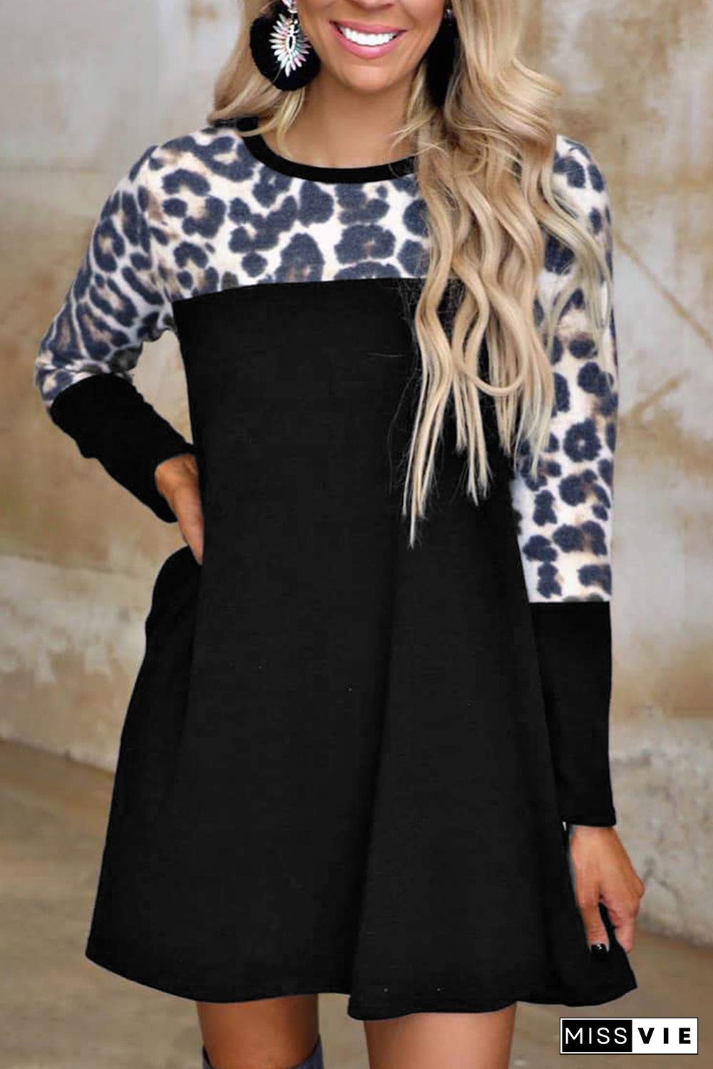 Leopard Print Splicing Long Sleeve Dress