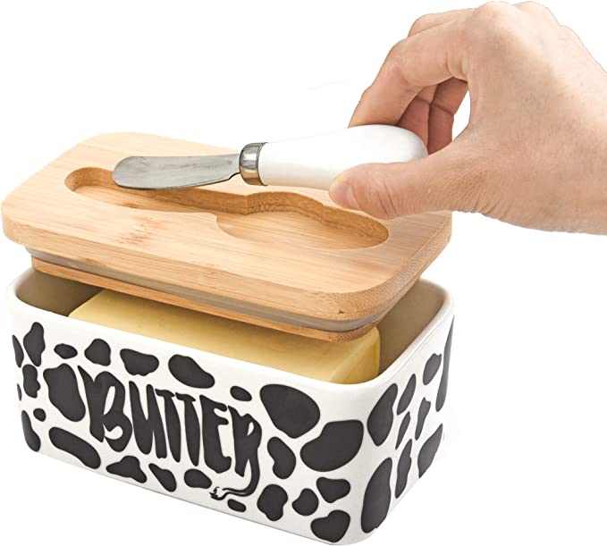 Lumicook Porcelain Butter Dish with Knife fits two sticks of butter(Black )