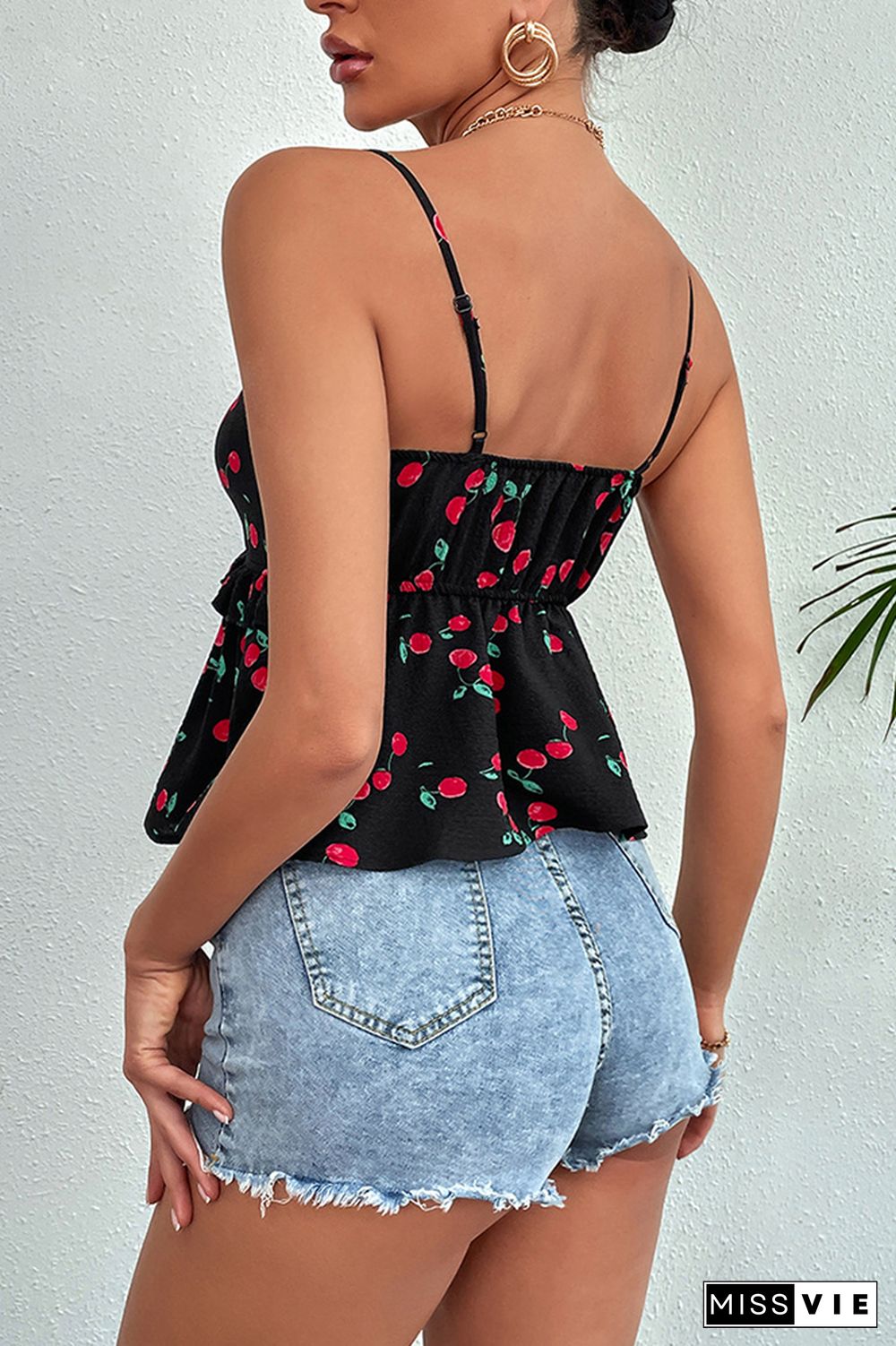 Sleeveless Nipped Waist Cherry Print Camisole Top Wholesale