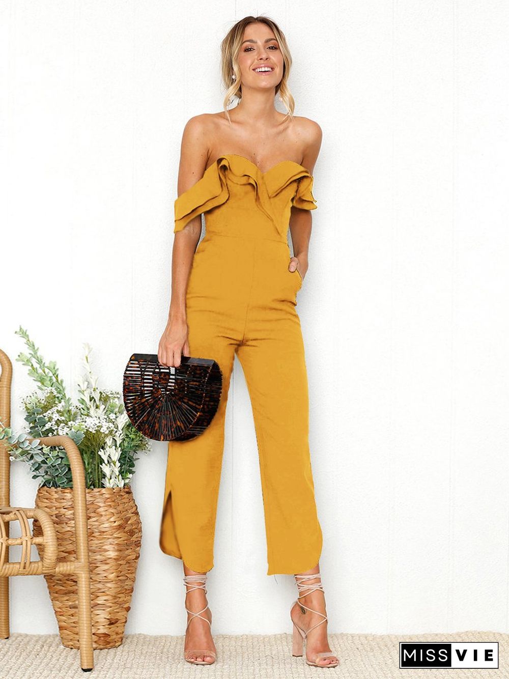 Black Sleeveless Plain Casual Off Shoulder Zip Back Jumpsuit