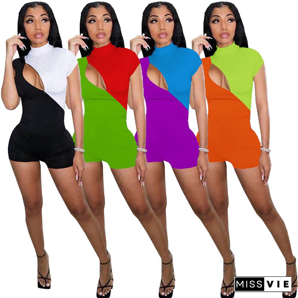 Hot Sales Women Patchwork Color Sleeveless O-Neck Hollow Out Summer Fashion Bodycon Romper