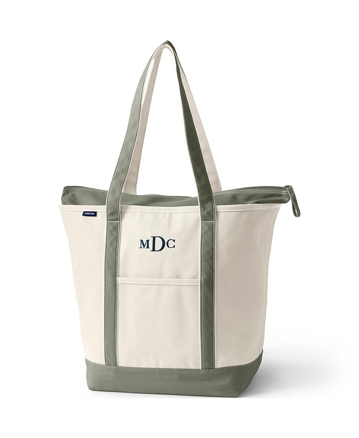 Lands' End Large Natural 5 Pocket Zip Top Long Handle Canvas Tote Bag