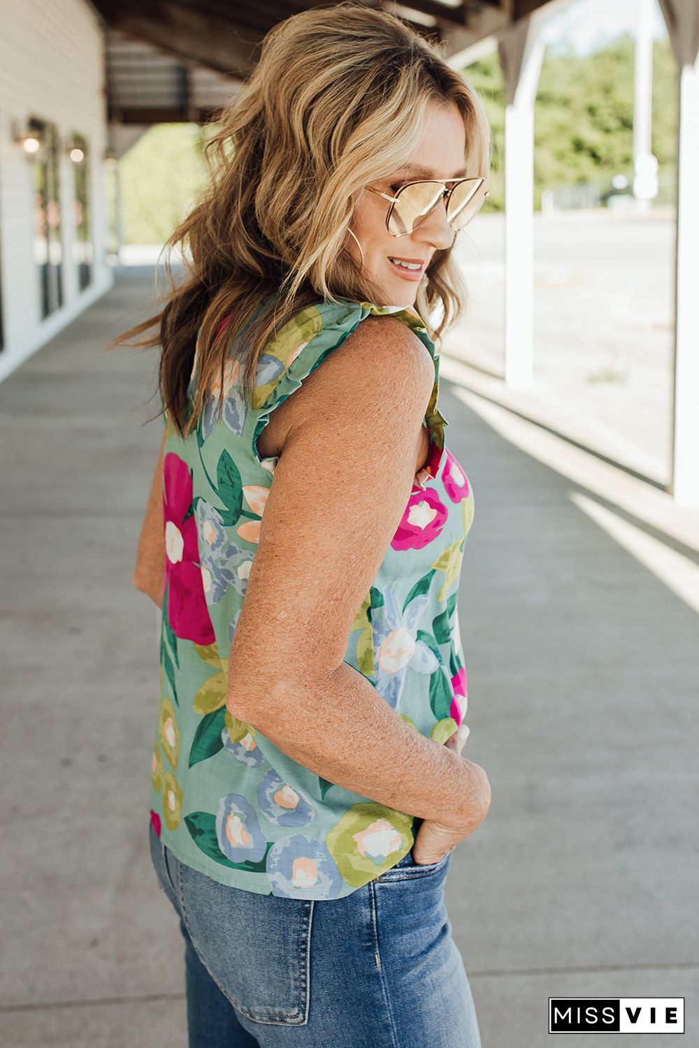 Multicolor Plus Size Floral Print Ruffle Trim Tank Top