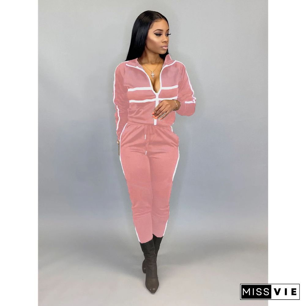 Leisure Solid Color Mosaic Zipper Jacket Two-piece Pants Set