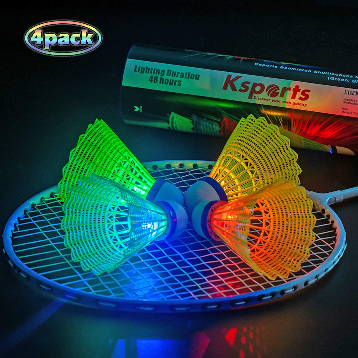 Ksports LED Badminton Shuttlecocks Nylon 4 Pack Tube − Glow in The Dark Birdies