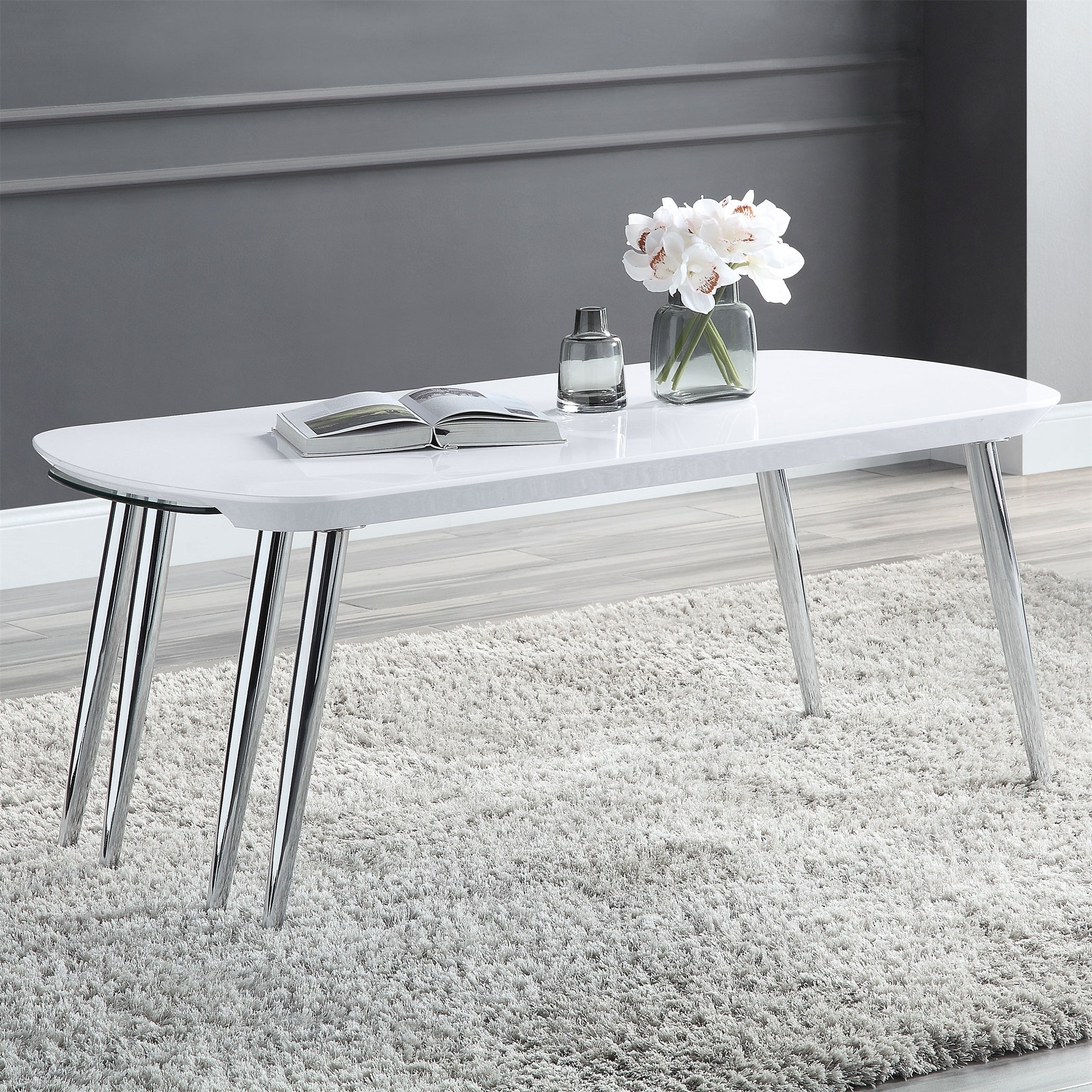 End Table Coffee Table for Living Room in White and Chrome Finish