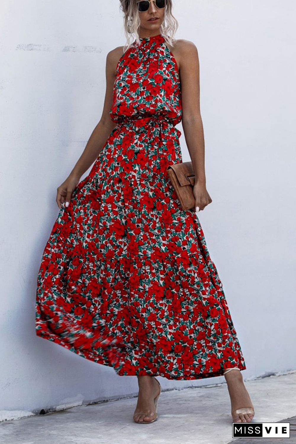 Halter Polka Dot Print Tie Waist Maxi Dress Wholesale