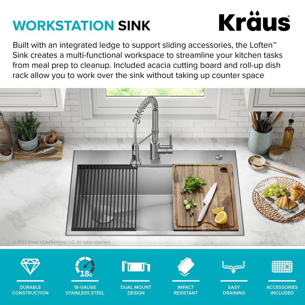 KRAUS Loften 33 in. Drop-inUndermount Single Bowl Stainless Steel Kitchen Workstation Sink with Faucet and Accessories KWT320-3318-1610SFS