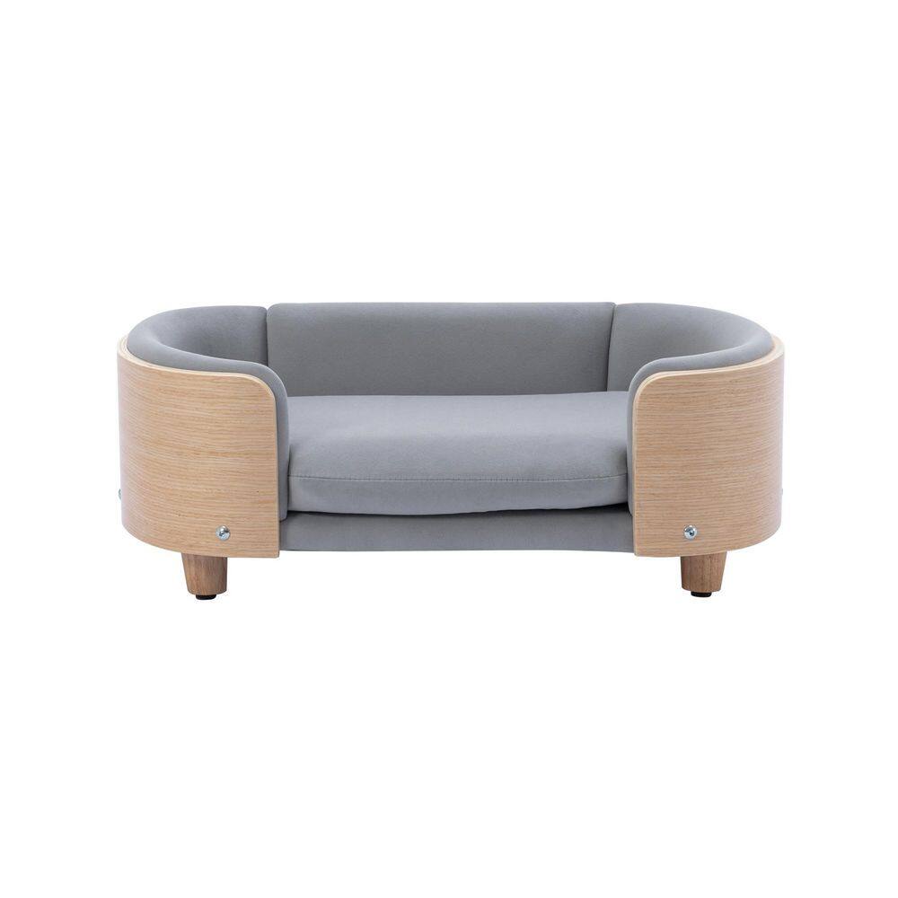 38.58 in. W Dog Bed Pet Sofa With Solid Wood Legs and Bent Wood Back Velvet Cushion Walnut in Light Gray DOGBED368KANS