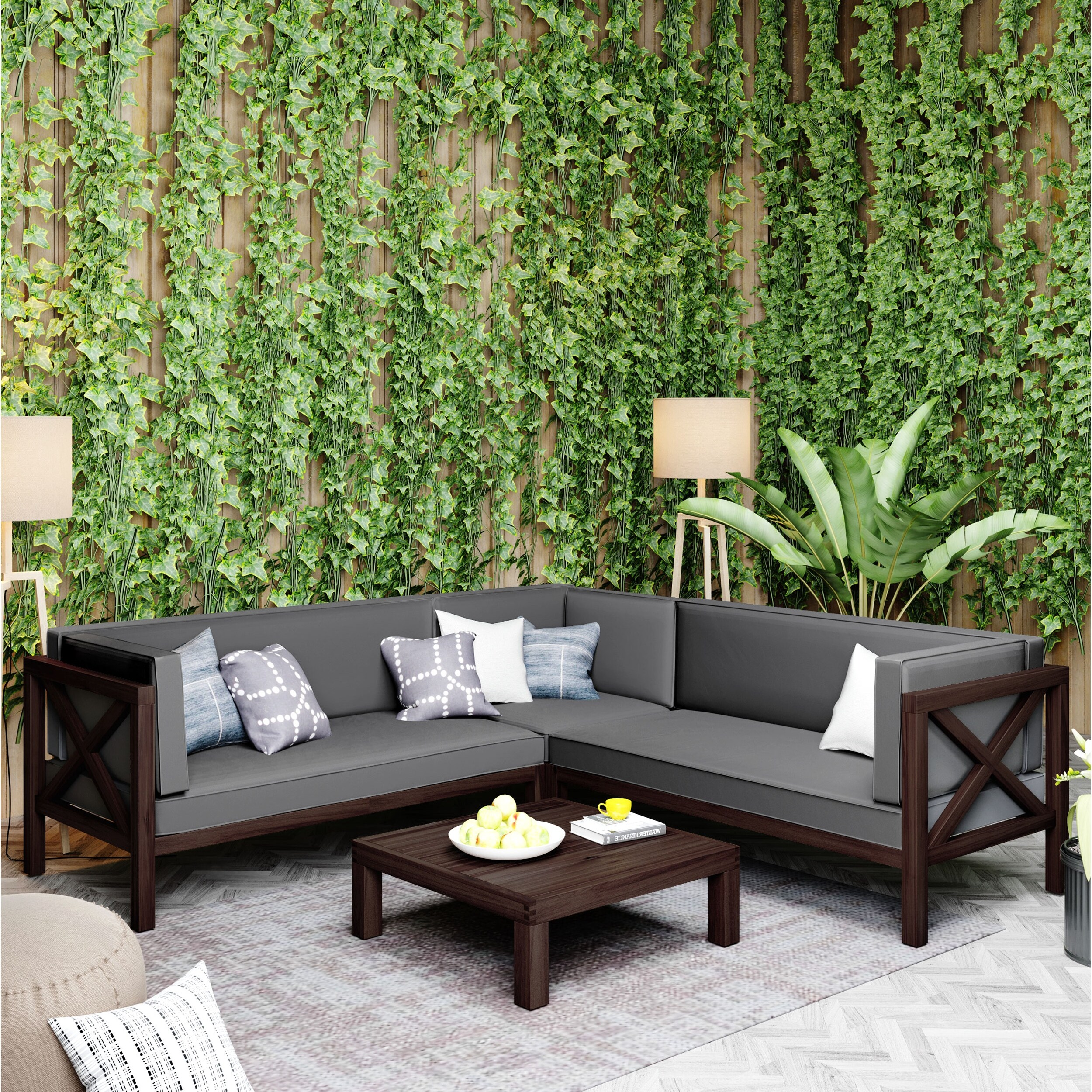 4-Piece Sectional Sofa Seating Group， Outdoor Patio Backyard Wood Frame Corner Sofa Design with Cushions and Table， X-Back Sofa - Overstock - 37254192