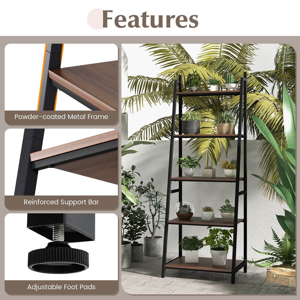 Costway Industrial Ladder Shelf Rustic 5 Tier Leaning Bookshelf Wood   See Details