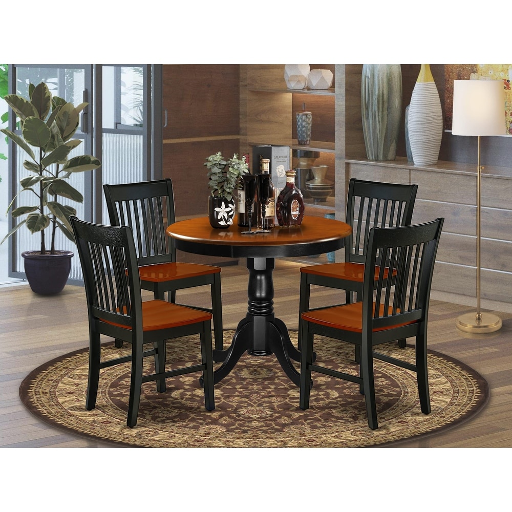 East West Furniture Kitchen Table Set Contains a Round Dining Table and Solid Wood Seat Chairs  Black   Cherry(Pieces Options)