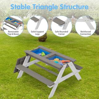 Tunearary 3 in 1 Gray Outdoor Children's Wooden Picnic Table with Umbrella Convertible to Sand and Water Table D469PYX-H4