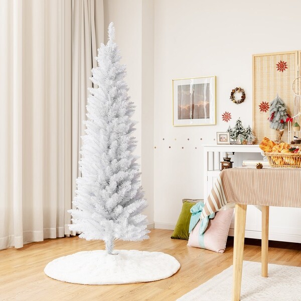 Gymax 5/6/7 FT Artificial Pencil White Christmas Tree Leafy Unlit Slim