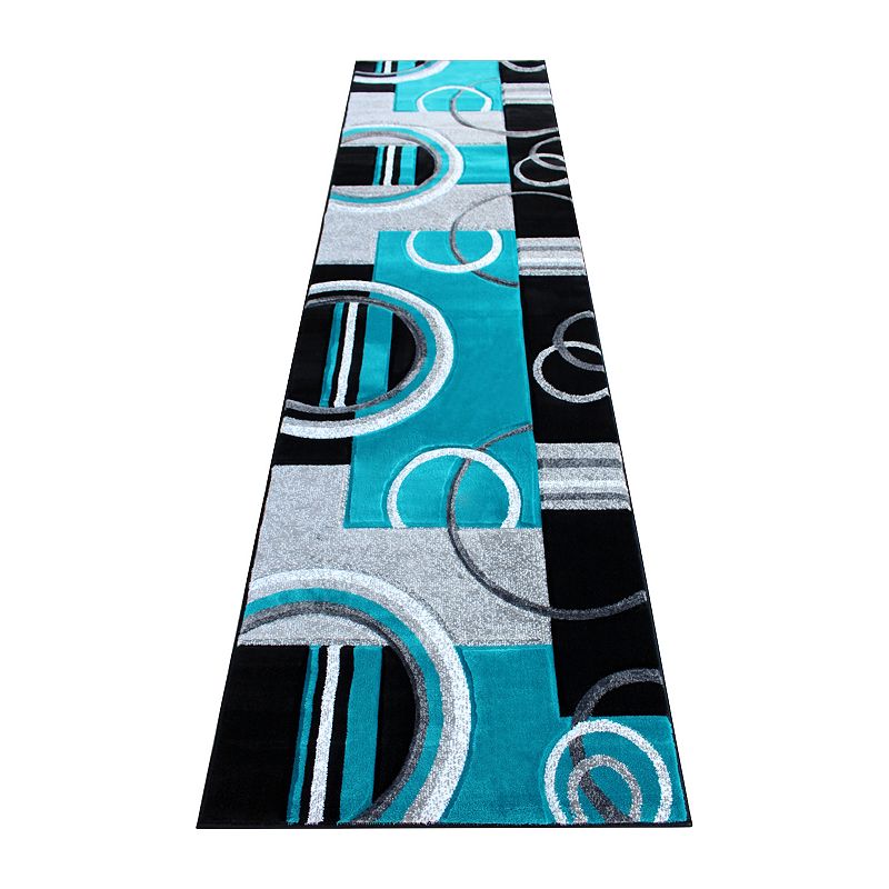 Masada Rugs Masada Rugs Sophia Collection 3'x10' Hand Sculpted Modern Contemporary Area Rug in Turquoise， Gray， White and Black