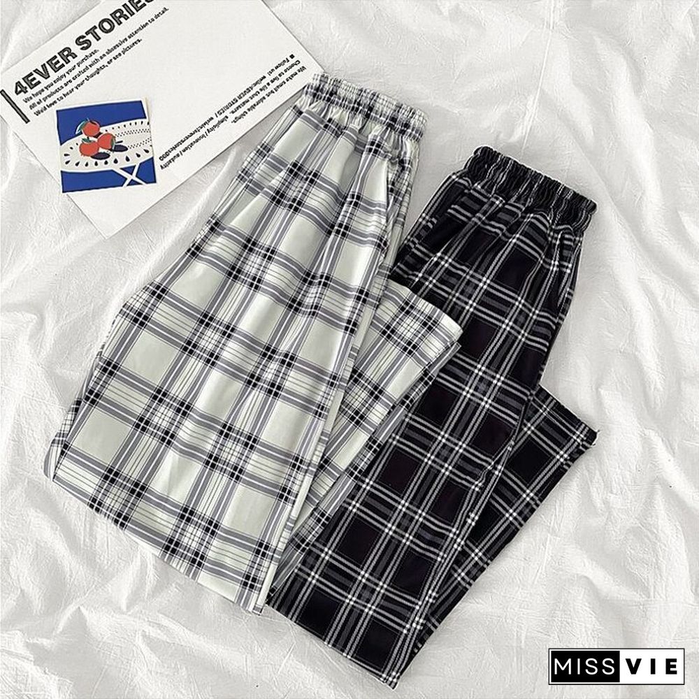 Vintage Harajuku Plaid Wide Leg Pants Summer Women High Waist Elastic Streetwear Pants Korean Loose Lady Straight Trousers