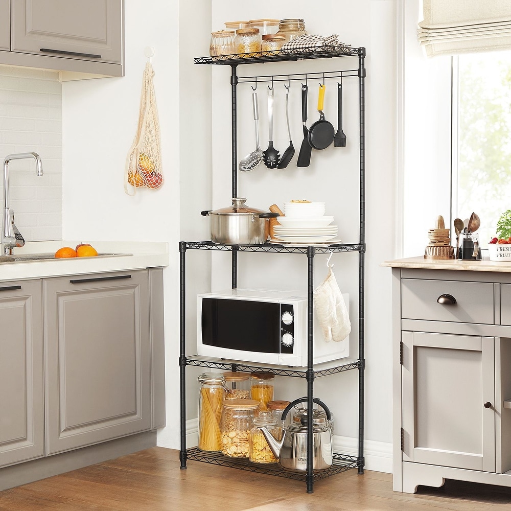 Kitchen Bakers Rack  Adjustable Microwave Stand  Space Saving Storage Rack with 4 Shelves 6 Hooks   23.6” x 13.8” x 63\