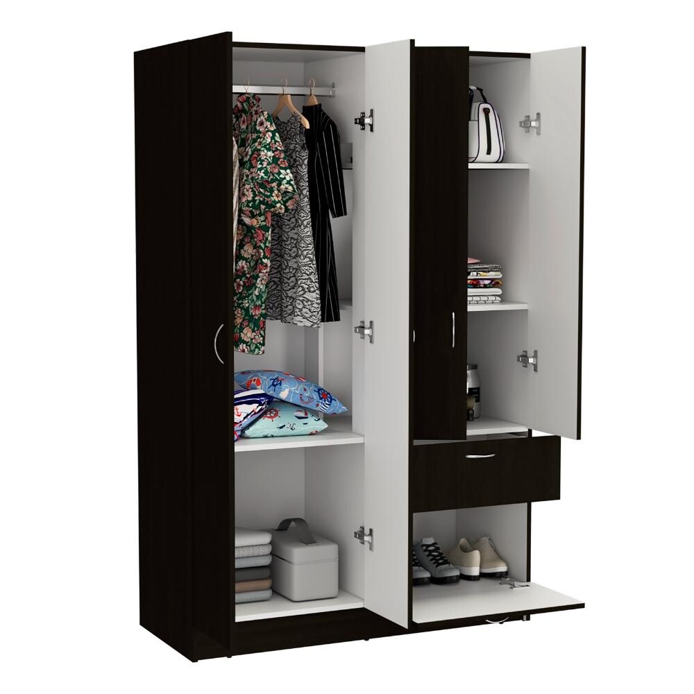 TUHOME Vaupes Armoire with 2 Double Door Cabinets  Drawer  5 Interior Shelves  Rod  and Pull Down Cabinet   N/A